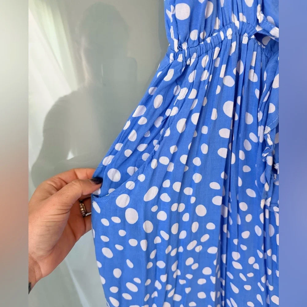 Tiare Hawaii Blue Polka Dot Midi Dress With Pockets – Resort Style - Picture 7 of 9